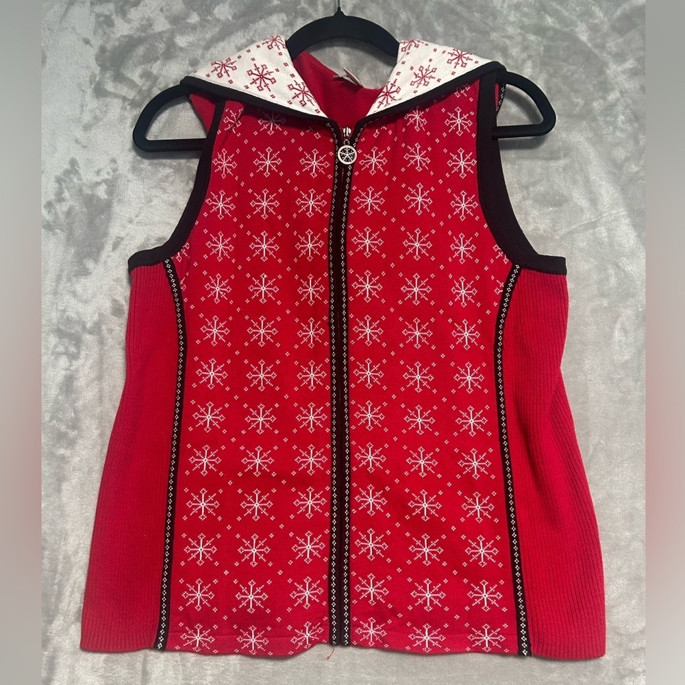 Christopher And Banks Hooded Full Zip Christmas Vest Women’s Medium Red Snow